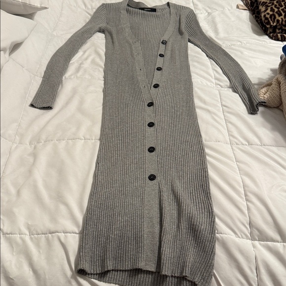 Gray Long Ribbed Button-Up Cardigan - Picture 3 of 4